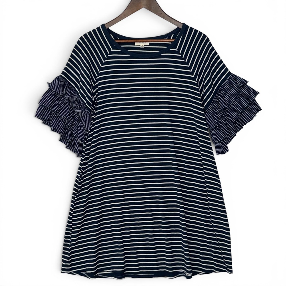 Umgee T-Shirt Dress M Navy Blue White Stripe Layered Ruffle Sleeve Nautical Chic